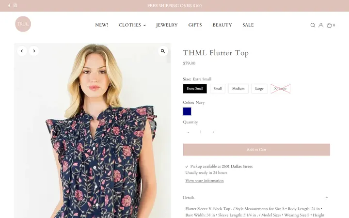 Website page titled THML Flutter Top – true. boutique
