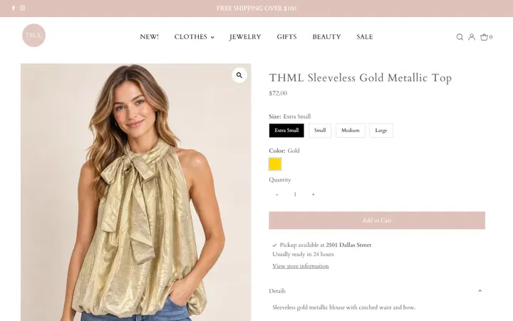 Website page titled THML Sleeveless Gold Metallic Top – true. boutique