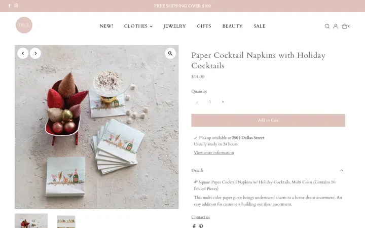 Website page titled Paper Cocktail Napkins with Holiday Cocktails – true. boutique