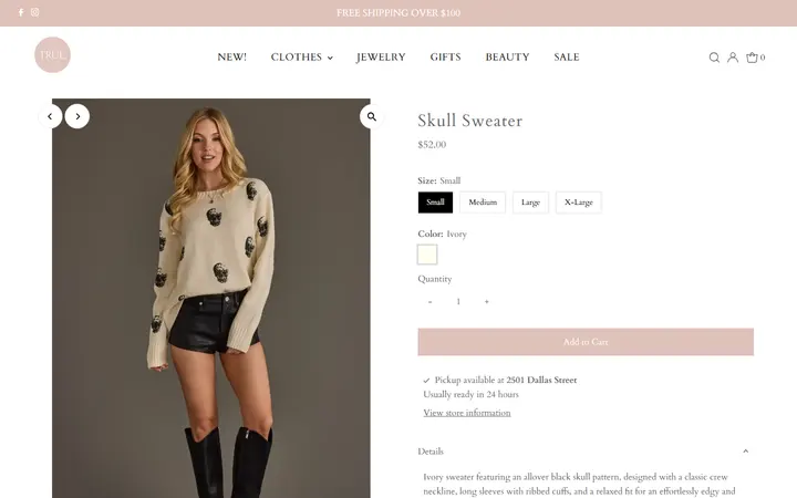 Website page titled Skull Sweater – true. boutique