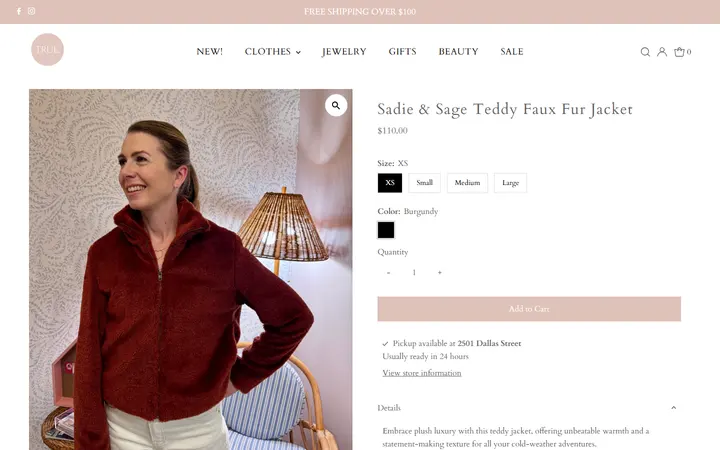Website page titled Sadie & Sage Teddy Faux Fur Jacket – true. boutique