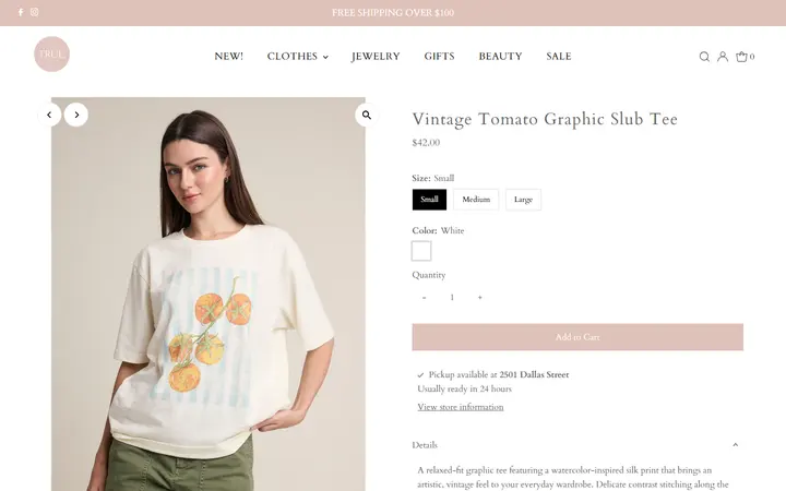 Website page titled Vintage Tomato Graphic Slub Tee – true. boutique