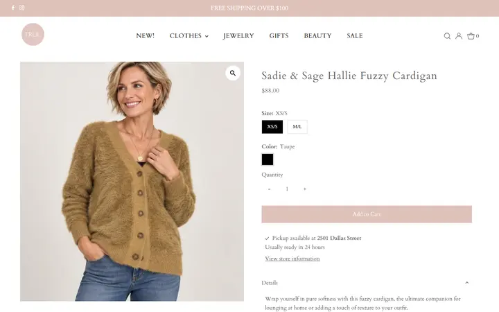 Website page titled Sadie & Sage Hallie Fuzzy Cardigan – true. boutique