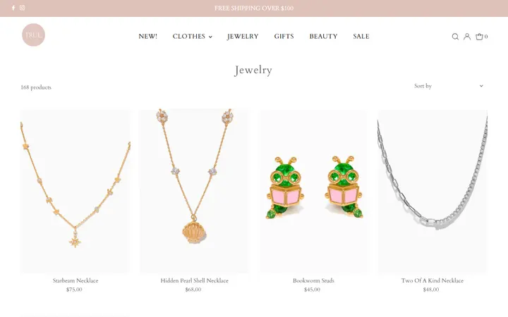 Website page titled Jewelry – true. boutique