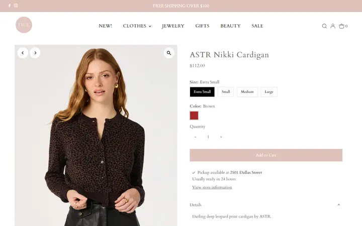 Website page titled ASTR Nikki Cardigan – true. boutique