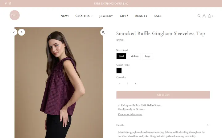 Website page titled Smocked Ruffle Gingham Sleeveless Top – true. boutique