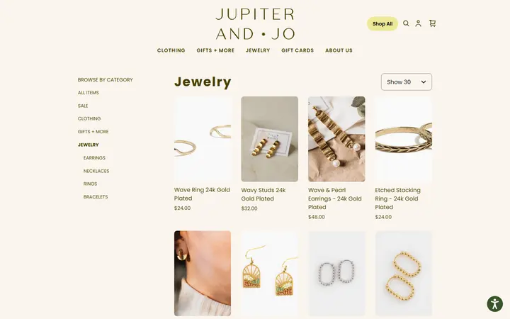 Website page titled Jewelry | Jupiter & Jo