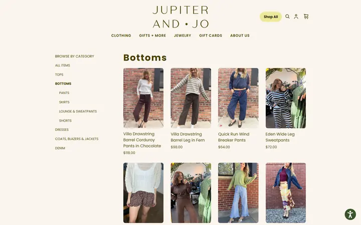 Website page titled Bottoms | Jupiter & Jo