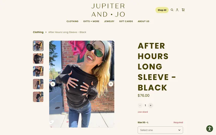 Website page titled After Hours Long Sleeve - Black | Jupiter & Jo