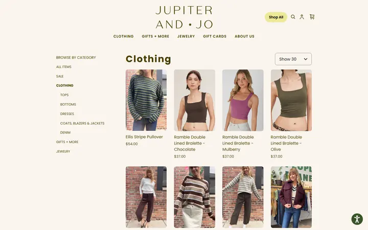 Website page titled Clothing | Jupiter & Jo