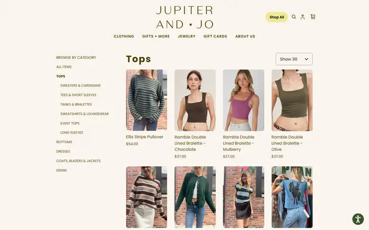 Website page titled Tops | Jupiter & Jo