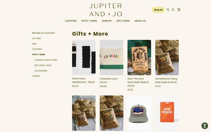 Website page titled Gifts + More | Jupiter & Jo