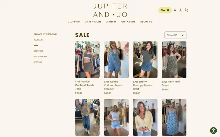 Website page titled SALE | Jupiter & Jo