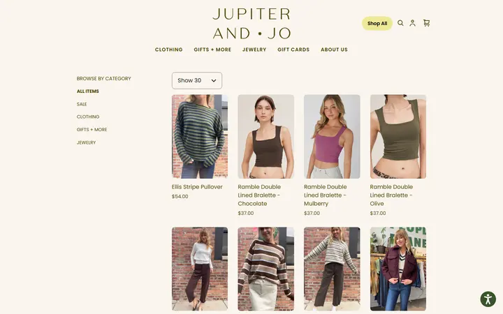Website page titled Shop All | Jupiter & Jo