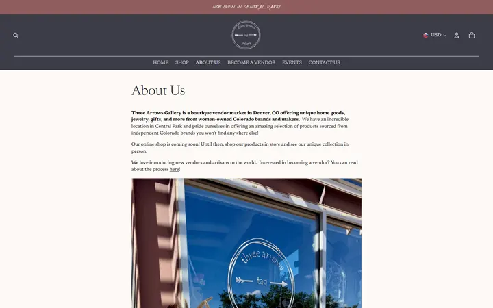 Website page titled About Us – Three Arrows Gallery