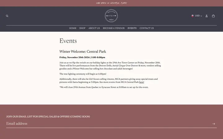 Website page titled Events – Three Arrows Gallery