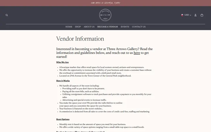 Website page titled Vendor Information – Three Arrows Gallery