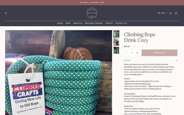Website page titled Climbing Rope Drink Cozy – Three Arrows Gallery