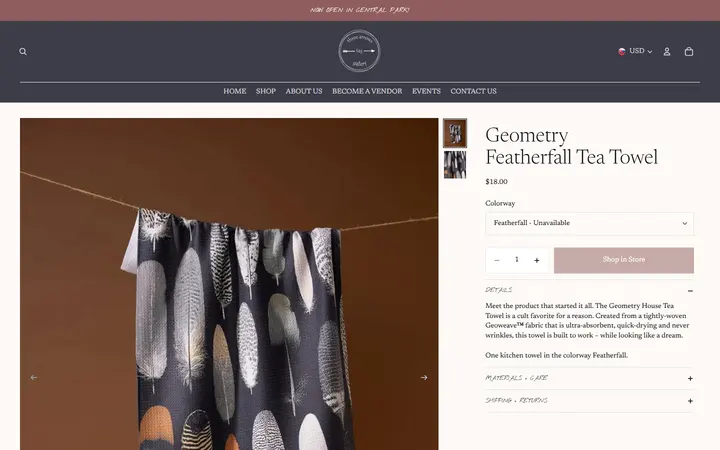 Website page titled Geometry Featherfall Tea Towel – Three Arrows Gallery