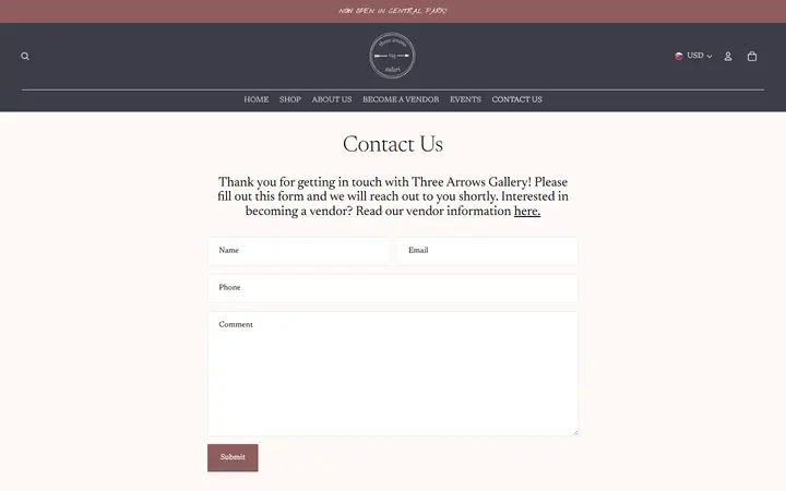 Website page titled Contact Us – Three Arrows Gallery