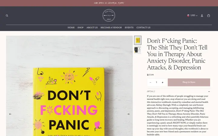 Website page titled Don't F*cking Panic: The Shit They Don’t Tell You in Therapy About Anx – Three Arrows Gallery