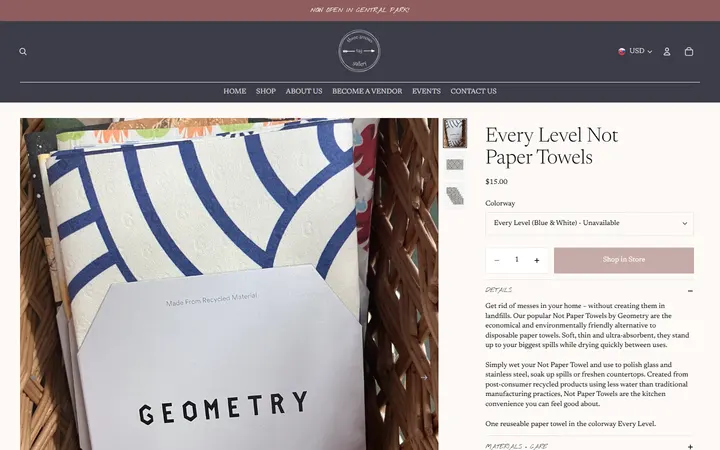 Website page titled Every Level Not Paper Towels – Three Arrows Gallery
