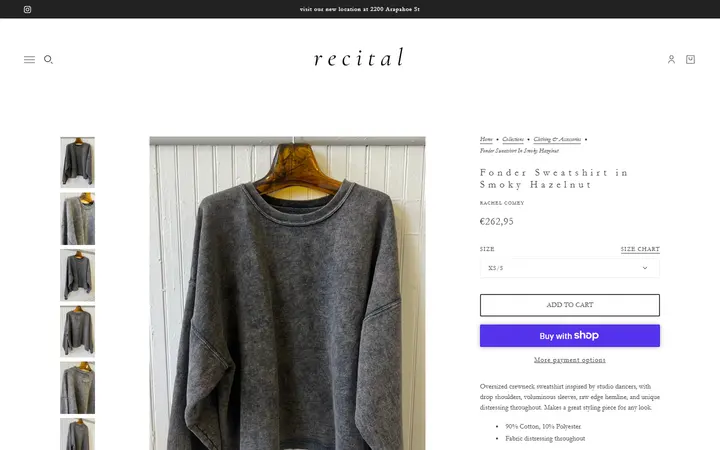 Website page titled Fonder Sweatshirt in Smoky Hazelnut – Recital