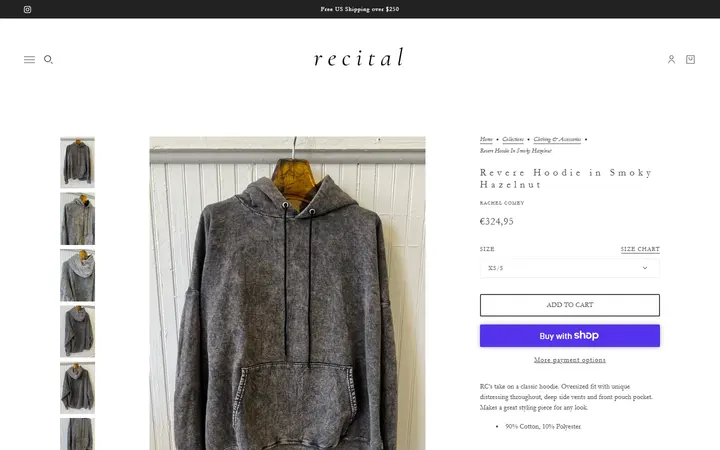 Website page titled Revere Hoodie in Smoky Hazelnut – Recital