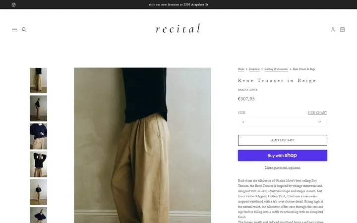 Website page titled Rene Trouser in Beige – Recital