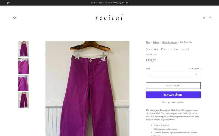 Website page titled Sailor Pants in Beet – Recital