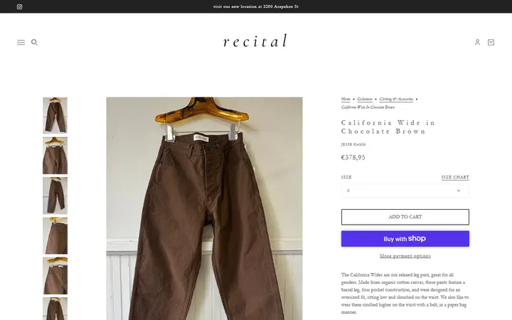 Website page titled California Wide in Chocolate Brown – Recital