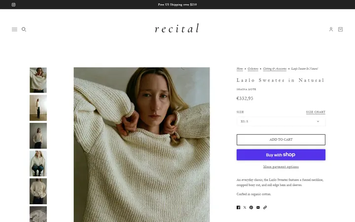 Website page titled Lazlo Sweater in Natural – Recital