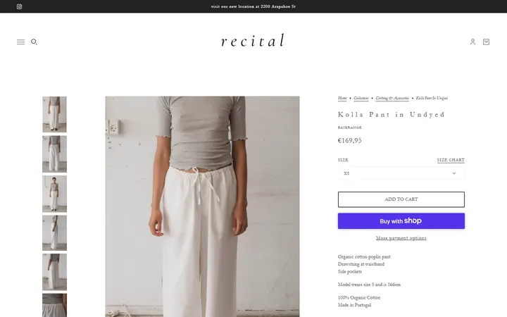 Website page titled Kolla Pant in Undyed – Recital