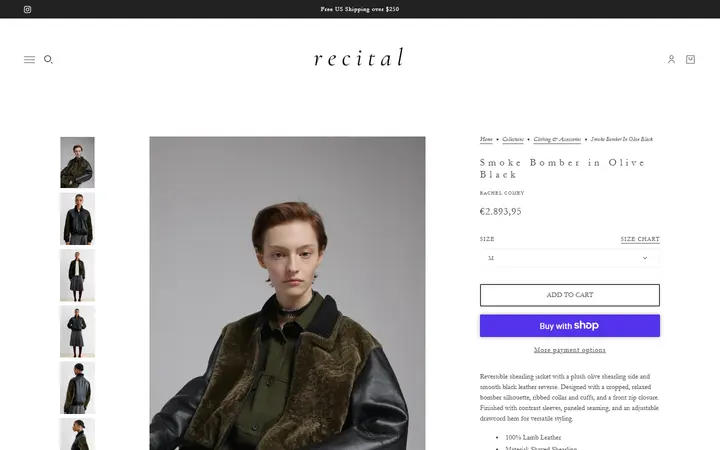 Website page titled Smoke Bomber in Olive Black – Recital