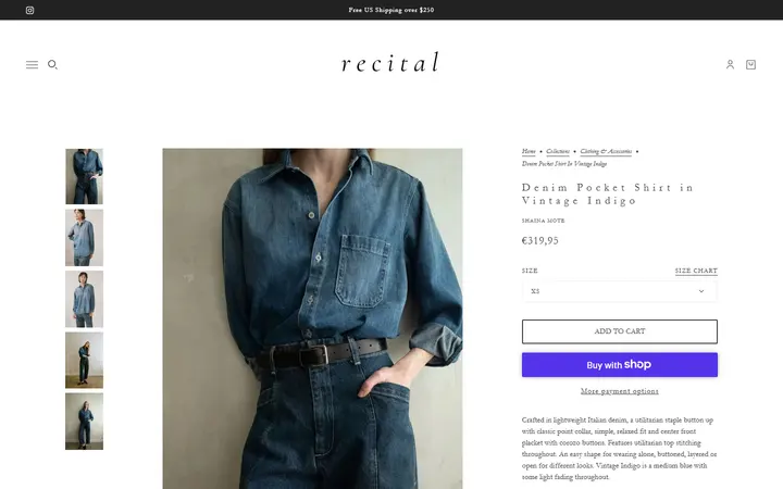 Website page titled Denim Pocket Shirt in Vintage Indigo – Recital
