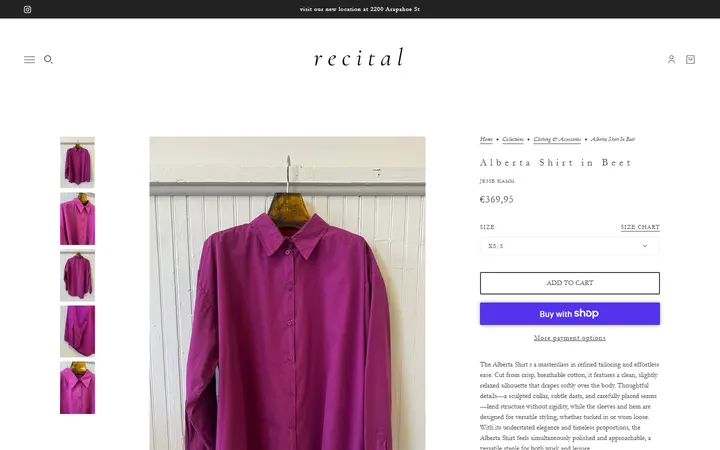 Website page titled Alberta Shirt in Beet – Recital