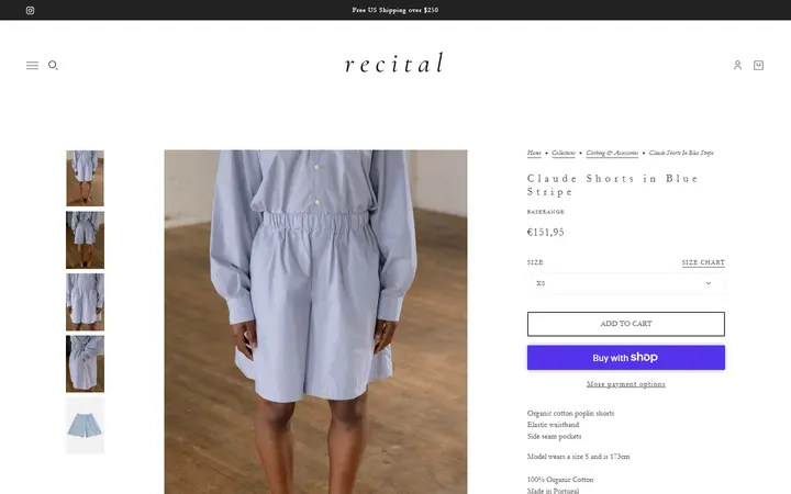 Website page titled Claude Shorts in Blue Stripe – Recital