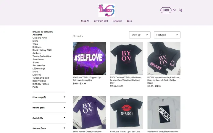 Website page titled Tween Boutique