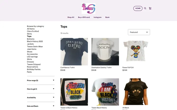 Website page titled Tops | Tween Boutique