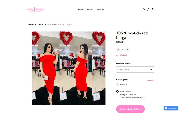 Website page titled 10620 vestido red burga | ASHLEY BOUTIQUE