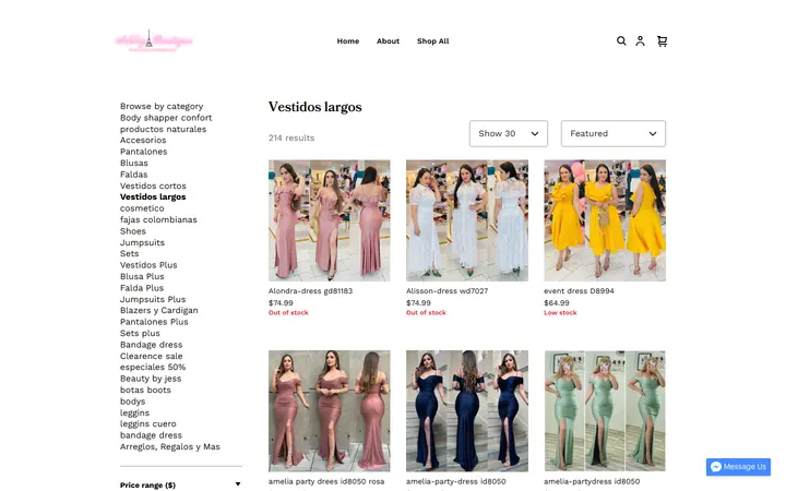 Website page titled Vestidos largos | ASHLEY BOUTIQUE