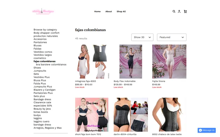 Website page titled fajas colombianas | ASHLEY BOUTIQUE