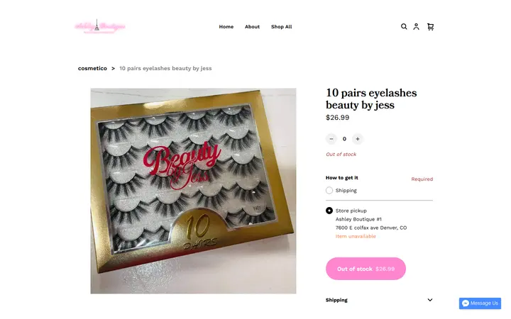 Website page titled 10 pairs eyelashes beauty by jess | ASHLEY BOUTIQUE