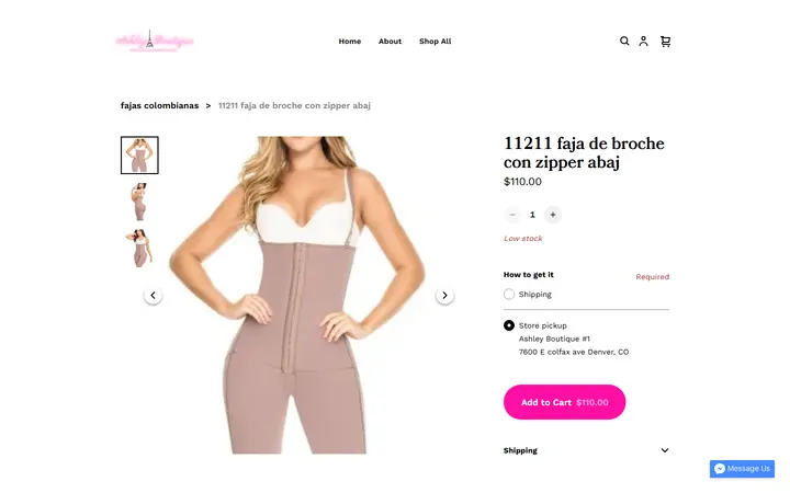 Website page titled 11211 faja de broche con zipper abaj | ASHLEY BOUTIQUE