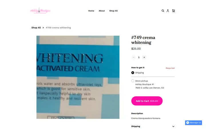 Website page titled #749 crema whitening | ASHLEY BOUTIQUE