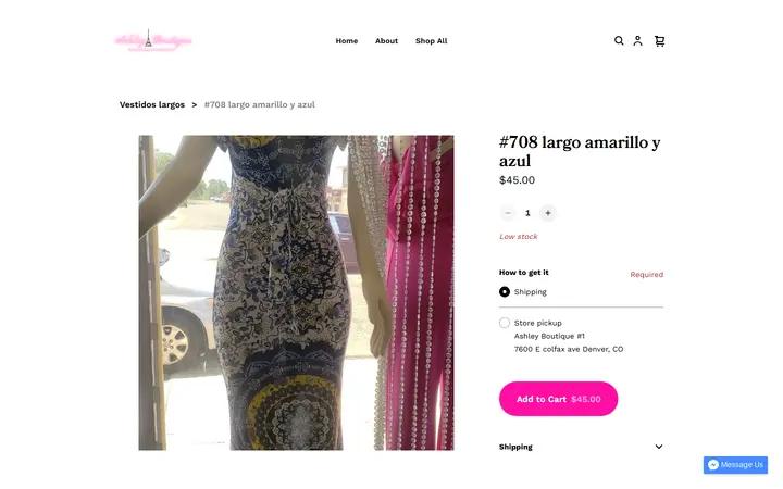 Website page titled #708 largo amarillo y azul | ASHLEY BOUTIQUE