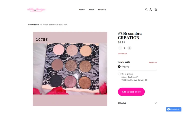 Website page titled #756 sombra CREATION | ASHLEY BOUTIQUE