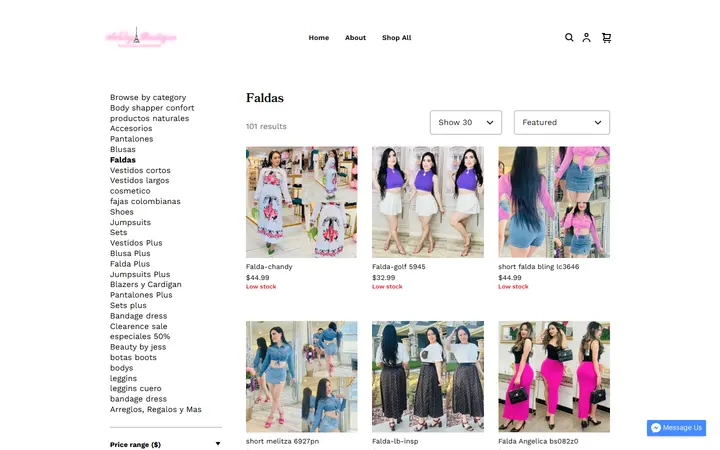 Website page titled Faldas | ASHLEY BOUTIQUE