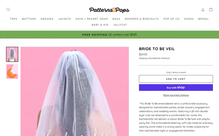 Website page titled Bride to Be Veil – Patterns and Pops
