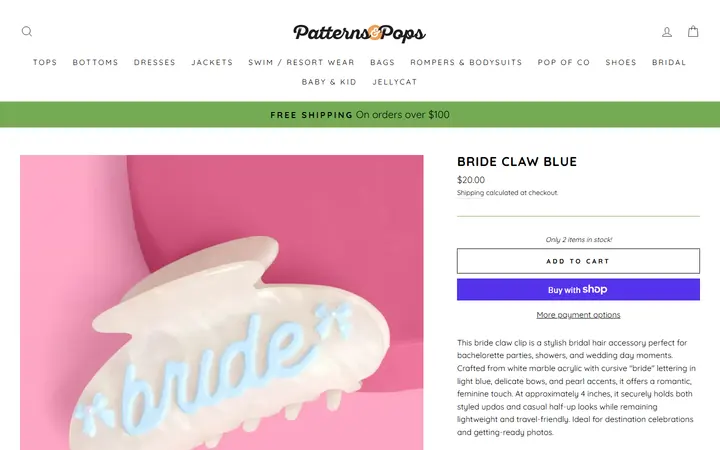 Website page titled Bride Claw Blue – Patterns and Pops